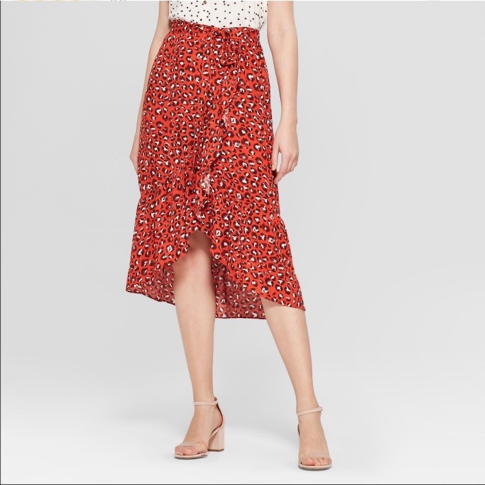 A New Day Leopard Wrap Red Midi Skirt Small